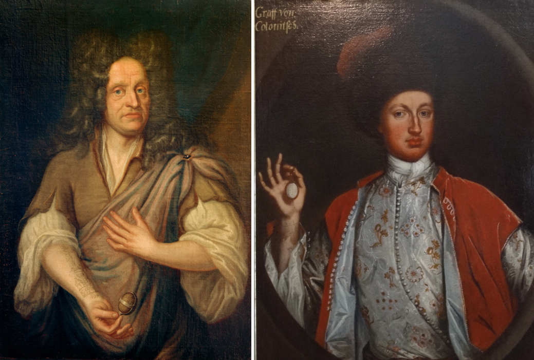 two portrait paintings, each showing a nobleman with a visible tattoo on the wrist